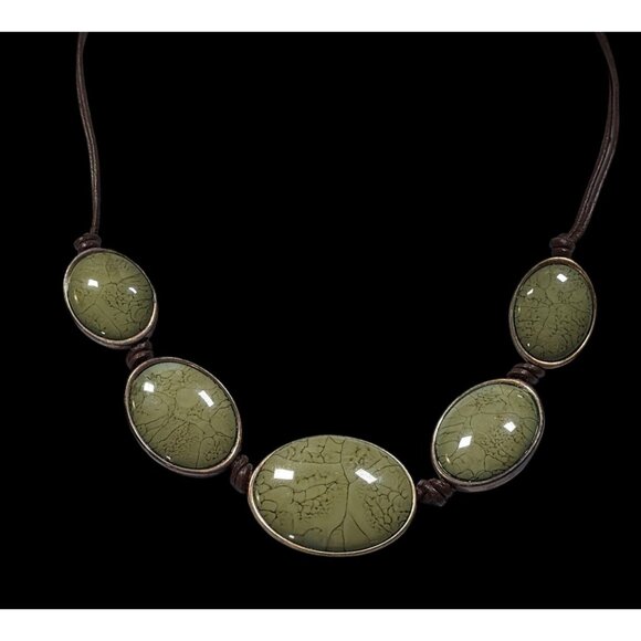 Vintage Axcess Liz Claiborne Bohemian Green Lava Print Cabochon Necklace - Picture 2 of 8
